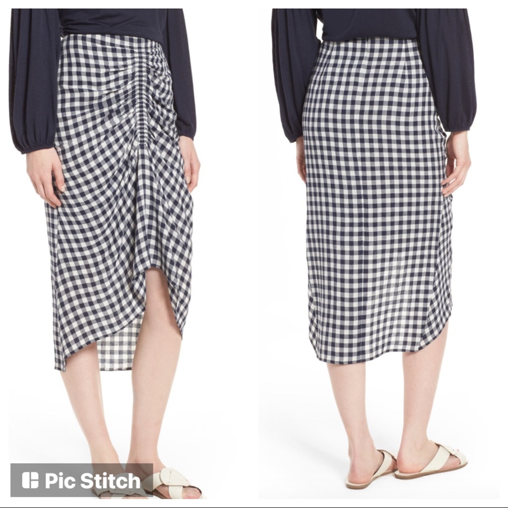 Nordstrom Navy Blue White Gingham Skirt Linen Blend NEW 16 Hi-Lo Checks Spring